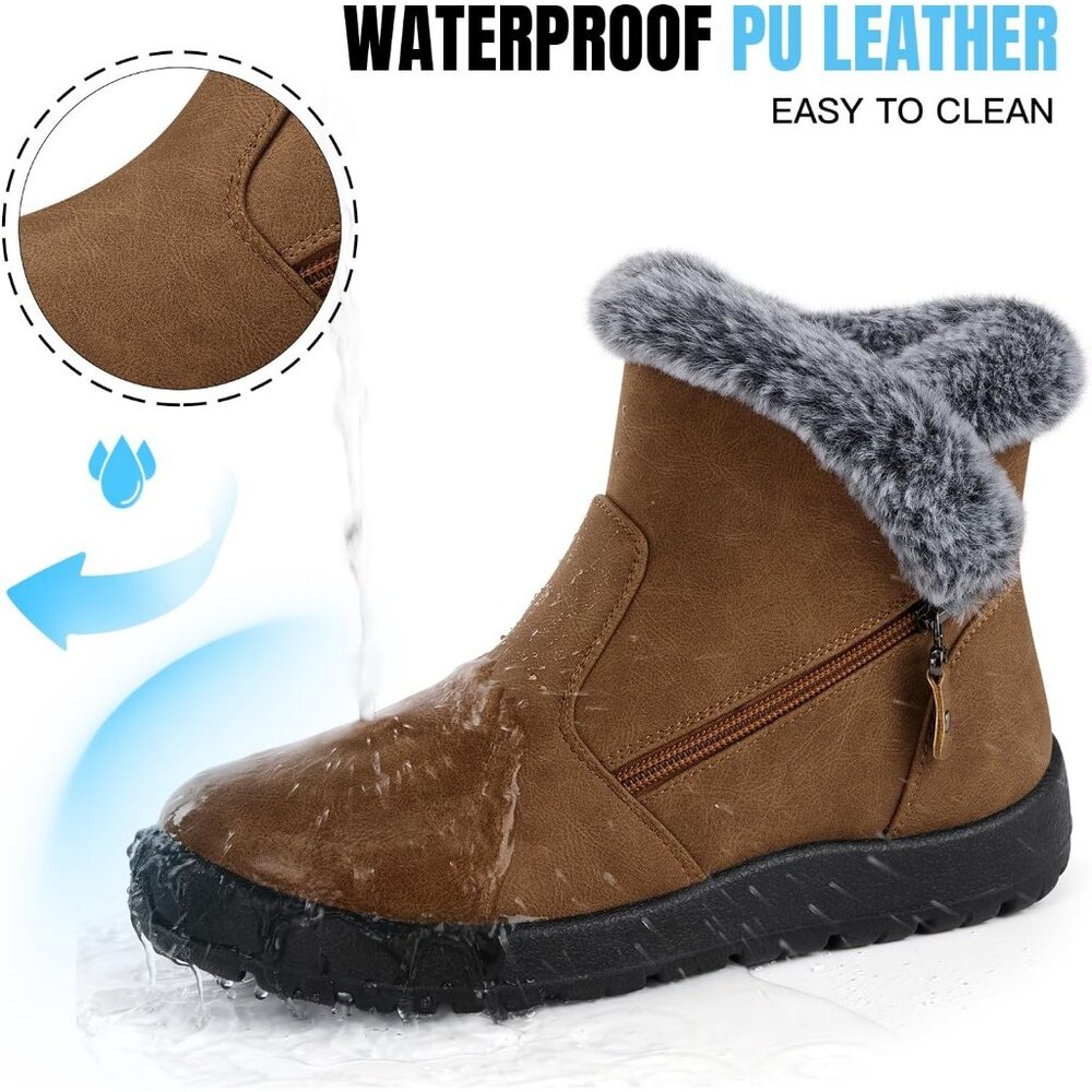 Women's Snow Boot Warm Ankle Fur Lined Booties Insulated Shoes Light Brown - Picture 4 of 6